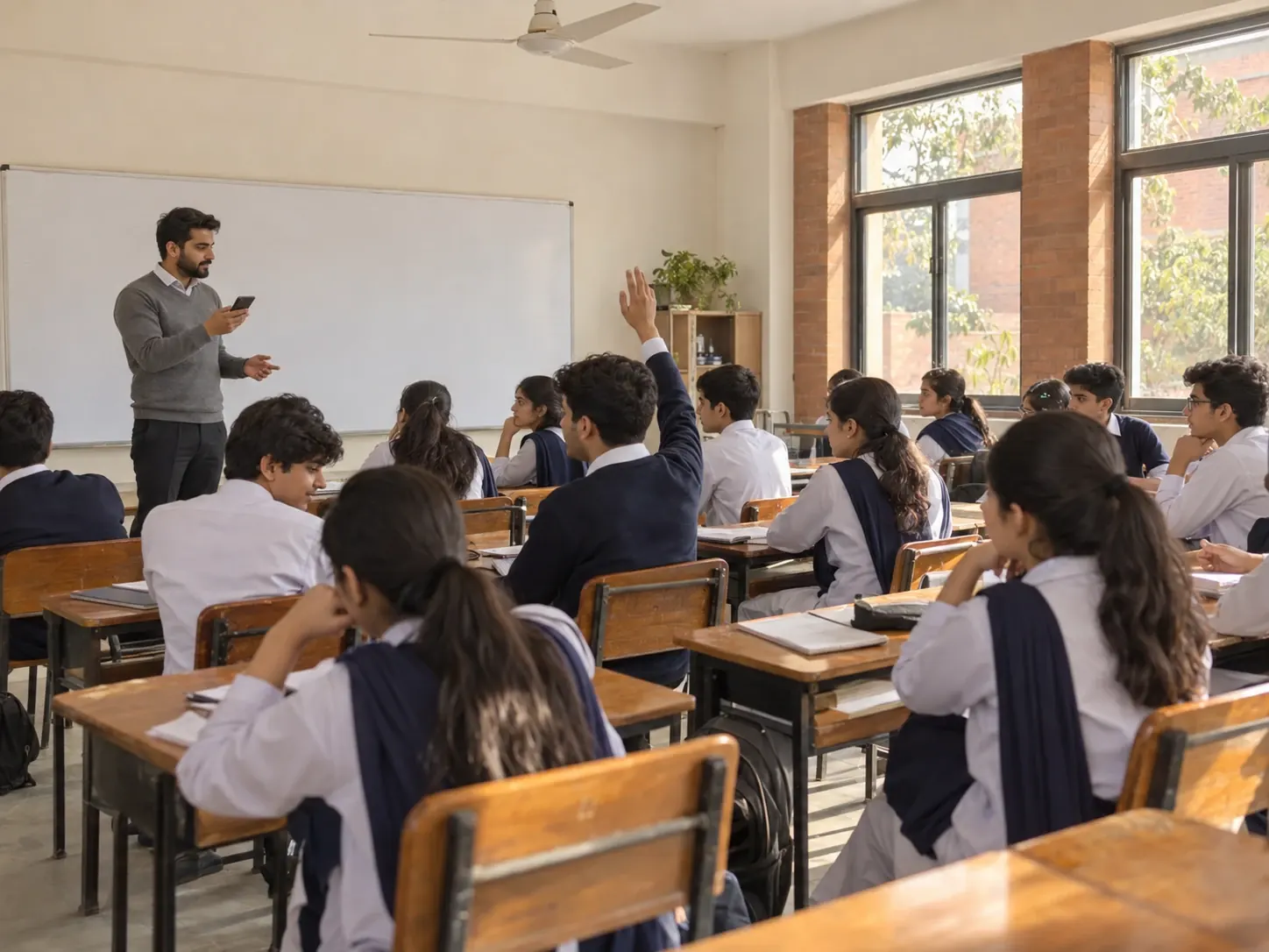 A teacher taking the morning register on his phone in front of a class