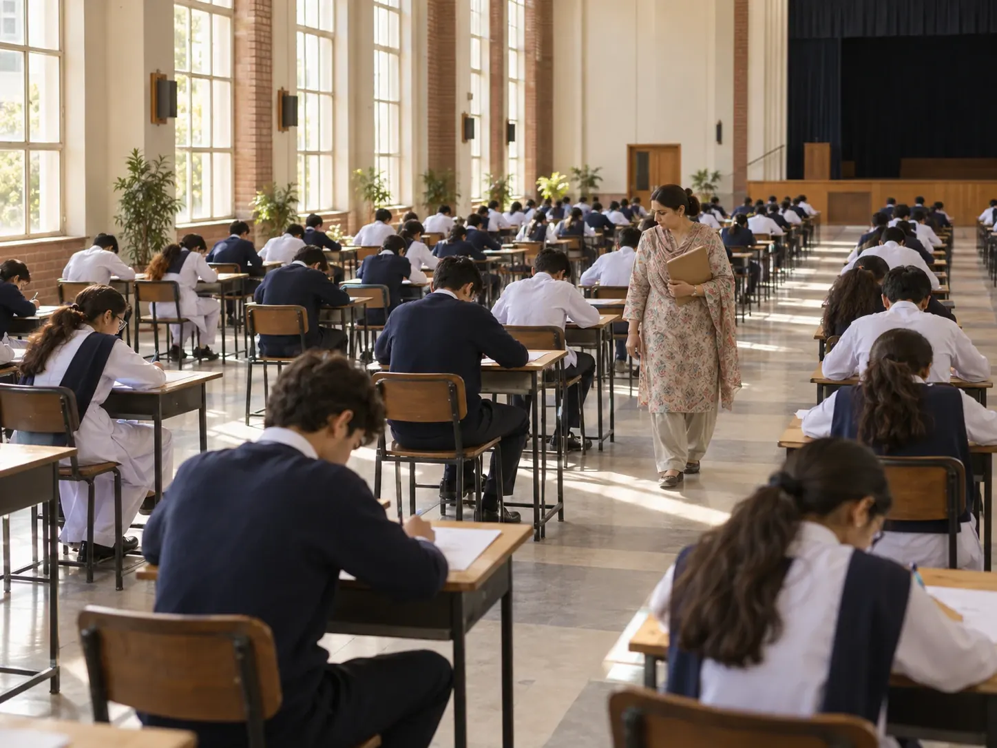 Students writing an examination in a school hall