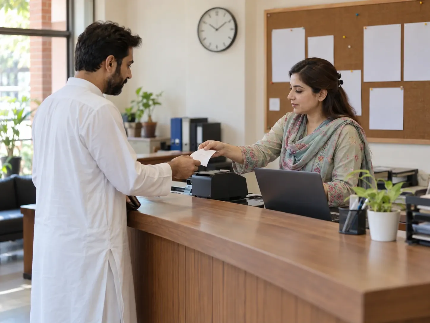 An accountant handing a fee receipt to a parent at the school counter