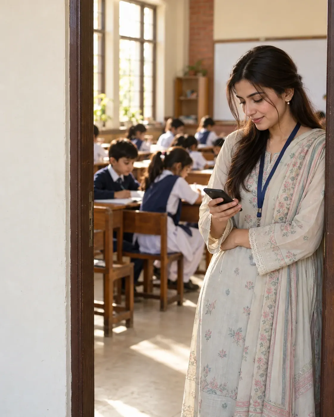 A teacher in a classroom doorway checking her phone