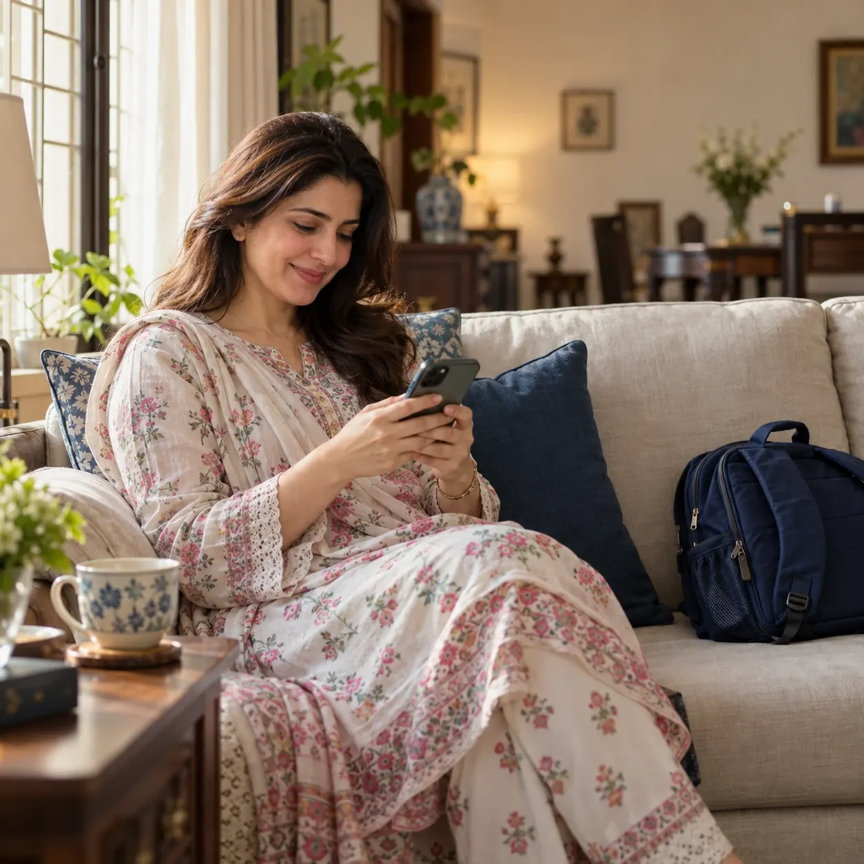 A mother at home reading a message from her child’s school on her phone