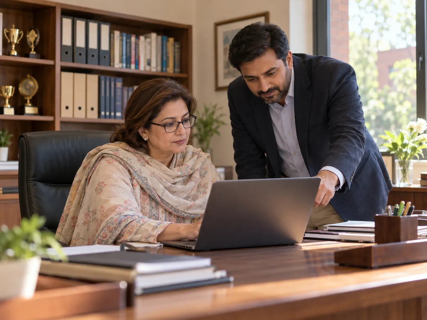 A principal and vice-principal reviewing the school dashboard on a laptop