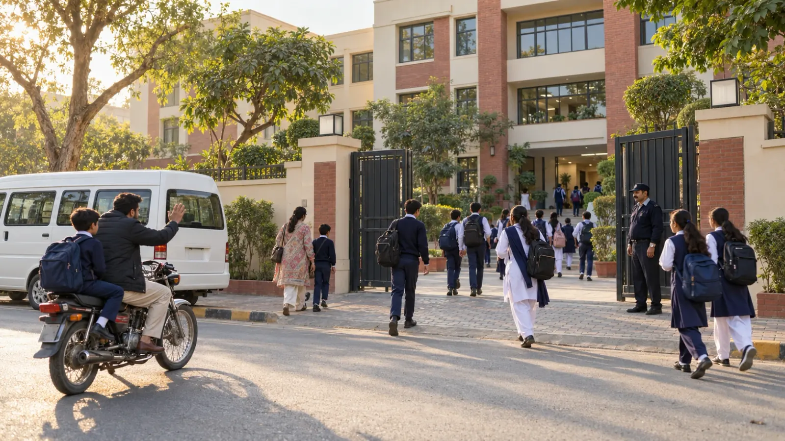 Students arriving at a school gate in the morning