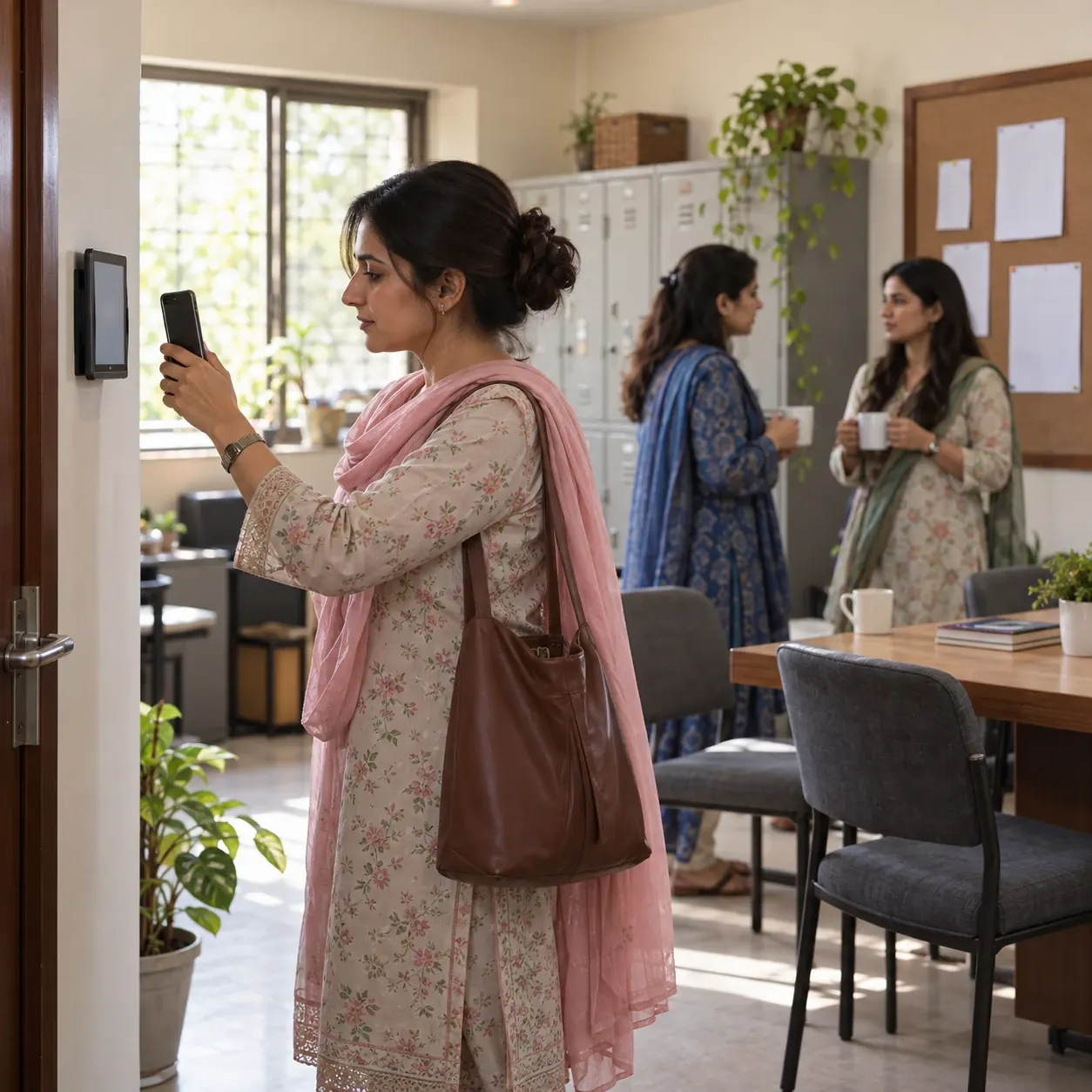 A teacher scanning the check-in code in the staff room